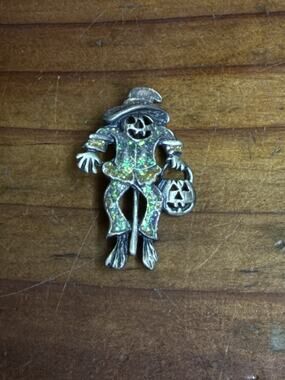 AAI Pumpkin Scarecrow Brooch Pin Green Orange GLITTER Halloween Vintage